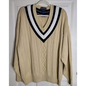 Vtg Gant Rugger Sweater Men XL Tan Navy Pullover V Neck Cable 100% Cotton Preppy